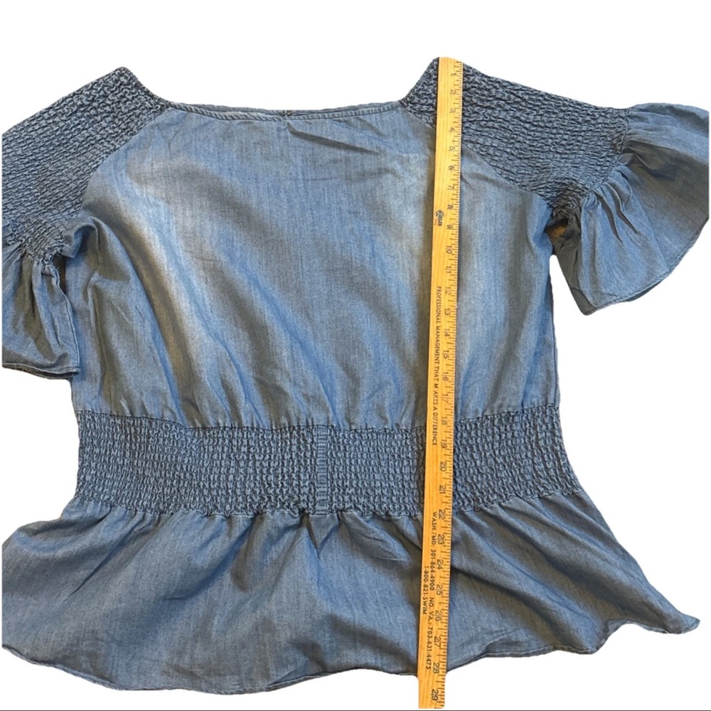 Ashley Stewart Smocked Peplum Stonewash Jean Blouse Flare Sleeve Fairy SZ 18/20 - Picture 10 of 16